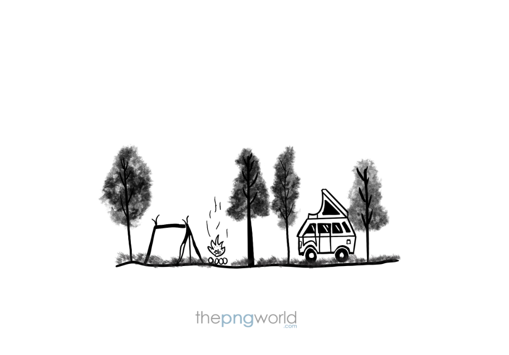 Line art of Travelling and Tracking travel,vacation,tracking,lazy,season,baggage,bag,drinks,black,lineart,sketch,goggle,status,art,fun,handmade,illustration,vector,campaign car,camp,bonfire,cooking,food,trees
